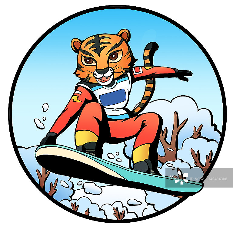 老虎滑雪运动主题插画图片素材