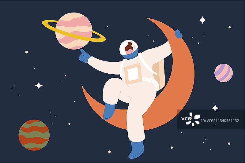 女性太空人登入月球坐上弯月卡通插图图片素材