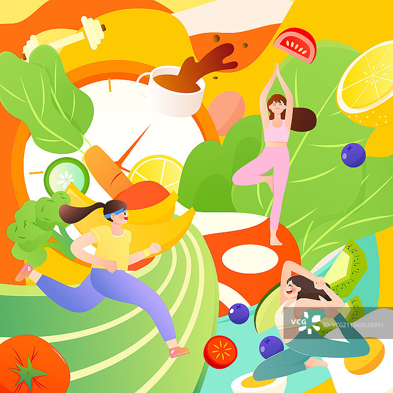 蔬菜水果和女孩运动健康活力矢量插画海报方图图片素材