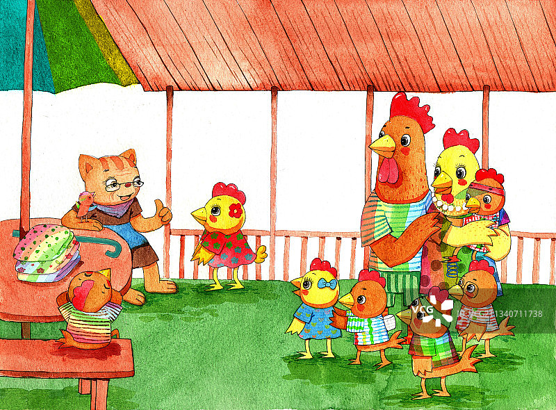 绘本插画母鸡小鸡系列-鸡爸爸和鸡妈妈带着一群小鸡听猫讲故事图片素材