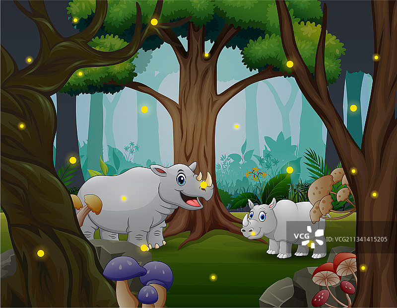 快乐的大犀牛和她的幼崽在丛林里玩耍图片素材