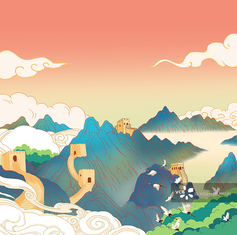 国潮风中国北京长城传统文化山水画古建筑国庆节元素庆祝海报图片素材
