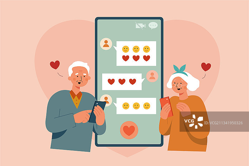 老年夫妇透过手机向彼此发送爱的信息图片素材