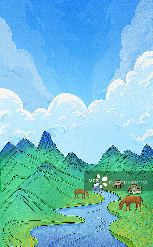 两只马在河边吃草小溪流水草原大山下蒙古包插画图片素材
