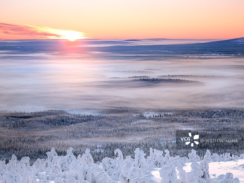 芬兰，日落时天空下白雪覆盖的风景图片素材