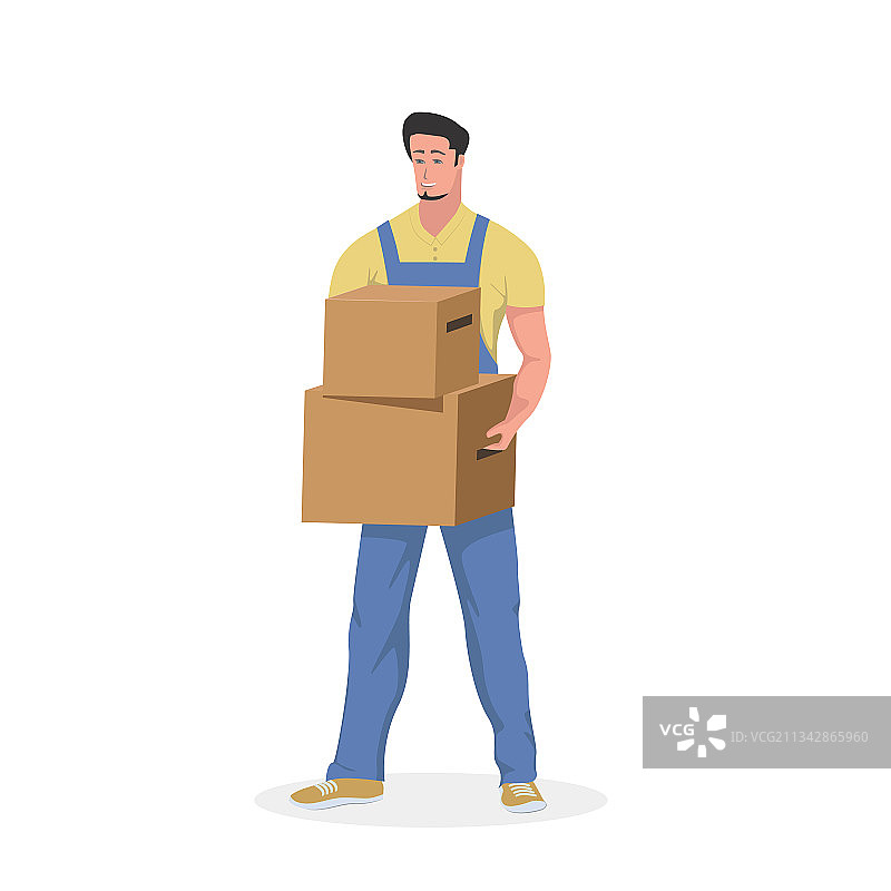 一个穿着t恤和蓝色工装裤拿着盒子的搬运工图片素材