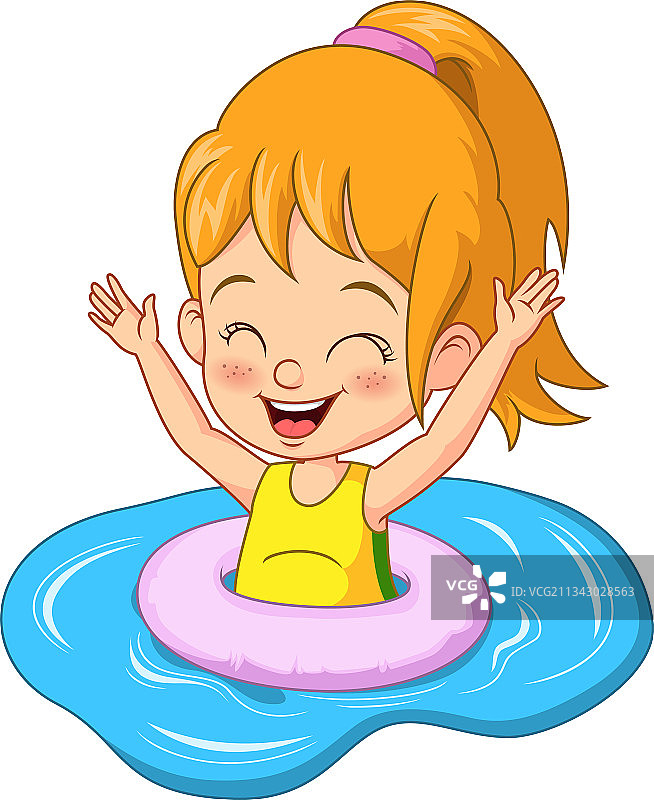 卡通小女孩漂浮与充气环图片素材