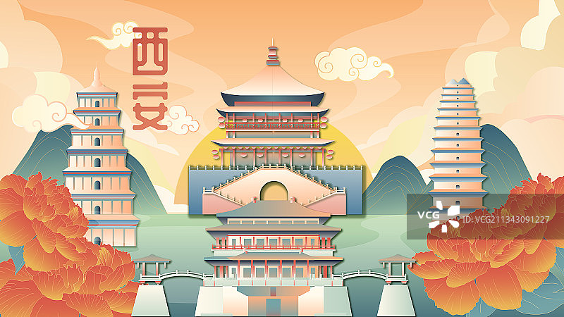 西安国潮中国风城市建筑横版有字图片素材