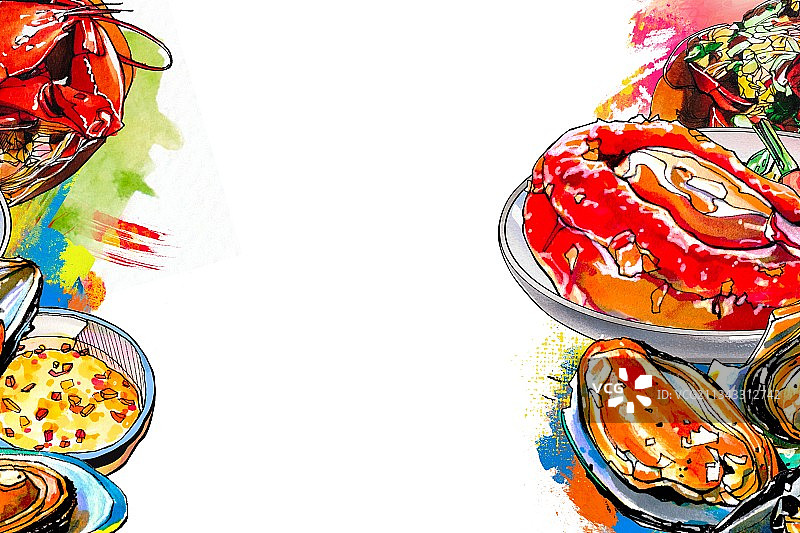 非洲美食手绘插画 海鲜 贝壳 龙虾 南非鲍鱼 背景海报图片素材