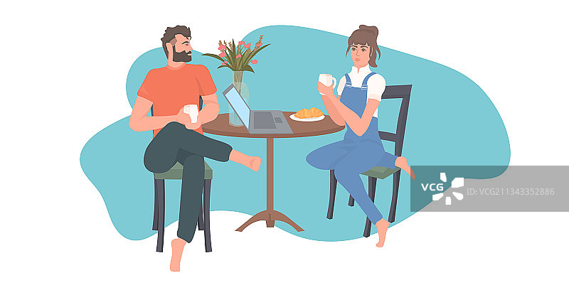 一对夫妇喝咖啡，男人，女人讨论期间图片素材