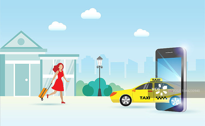 一名女子用智能手机在线呼叫出租车服务图片素材