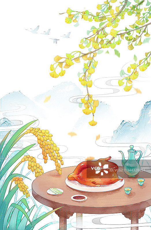 秋天节气丰收贴秋膘黄叶国风美食图片素材