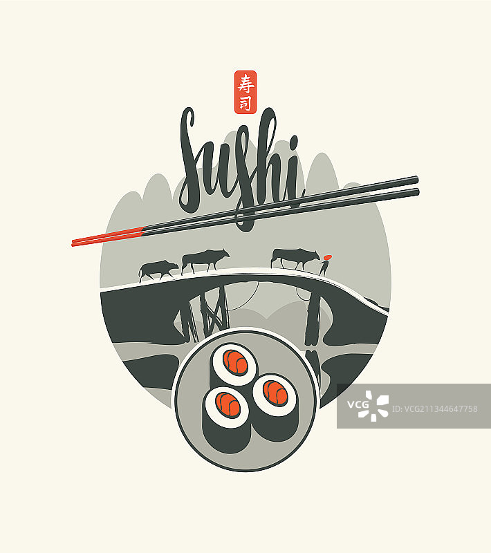 印有寿司筷子和亚洲风景的横幅图片素材