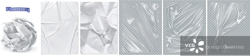 皱巴巴的纸，白纸，透明的塑料图片素材