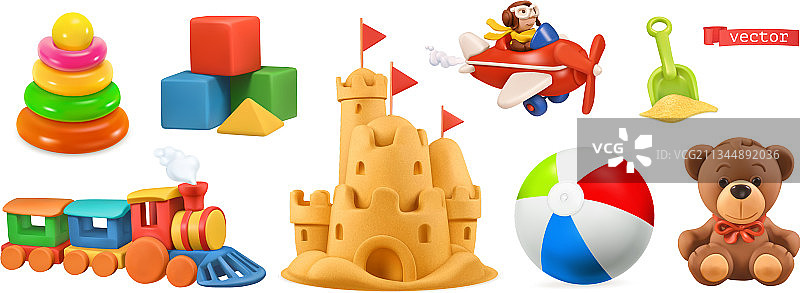 儿童玩具火车飞机城堡球立方体熊3d图片素材