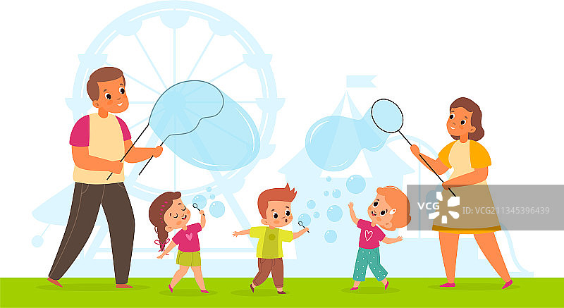 泡泡显示了可爱快乐的儿童和成人图片素材