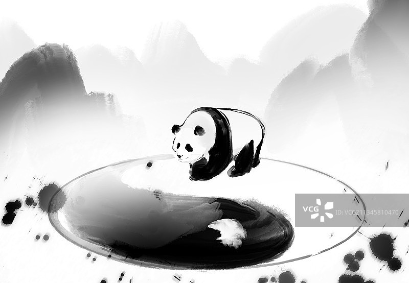 水墨熊猫太极背景插画图片素材