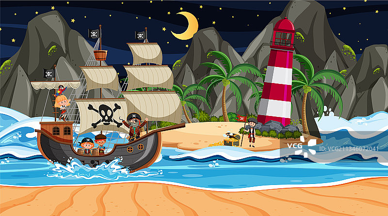 动画片中海盗船的夜景图片素材