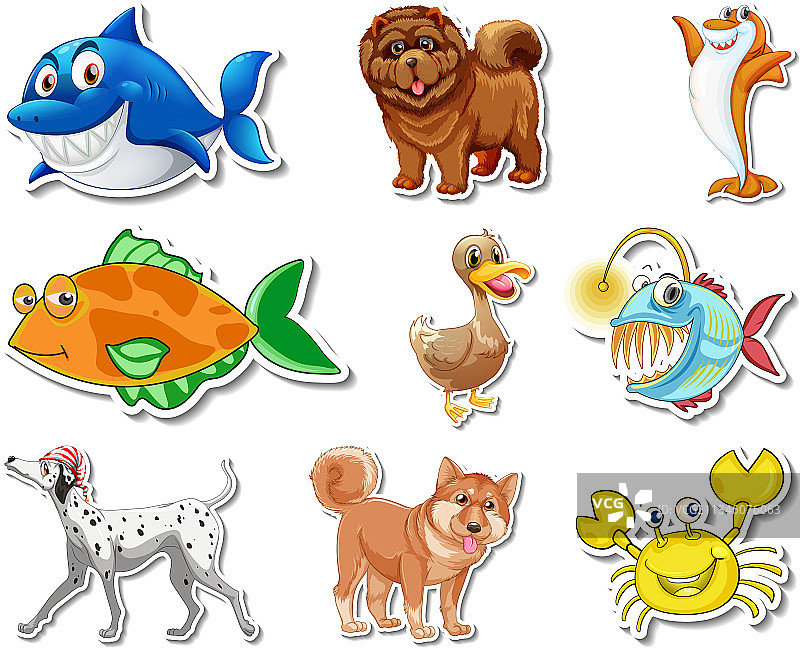集贴纸与海洋动物和狗的卡通图片素材