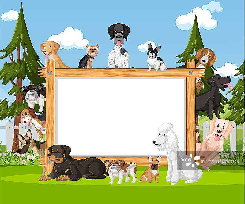 空的木制框架与各种品种的狗图片素材