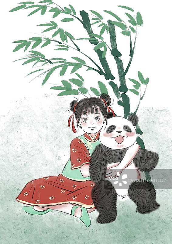 旗袍女孩和熊猫图片素材