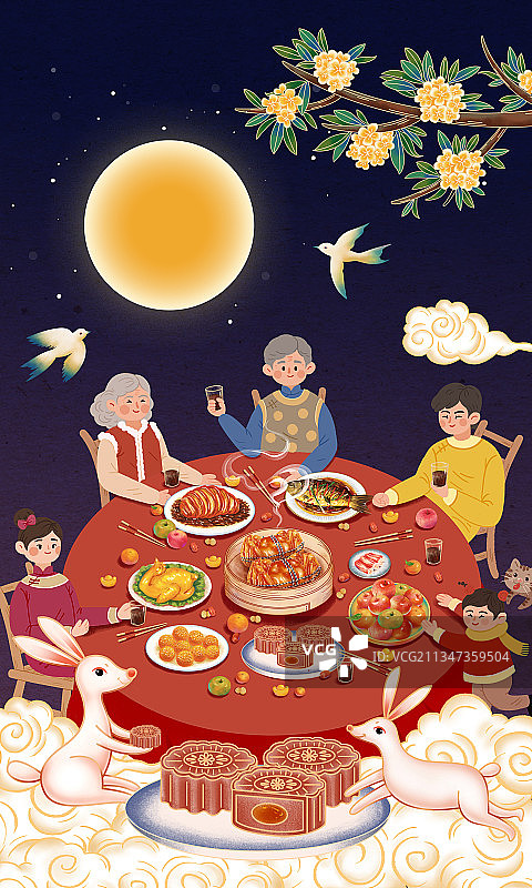 中秋节家人团聚赏月吃月饼插画海报图片素材