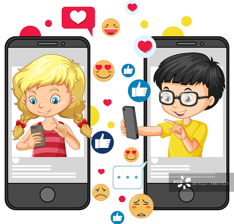 两个带着智能手机和社交媒体表情符号的孩子图片素材