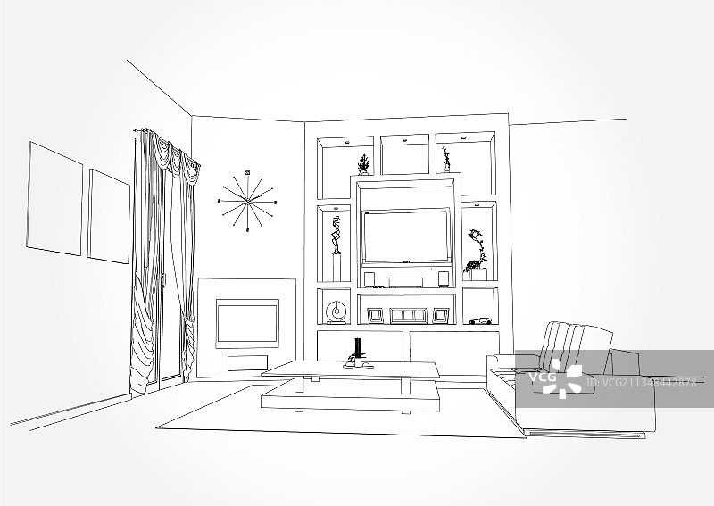 室内起居室平面图的线性草图图片素材