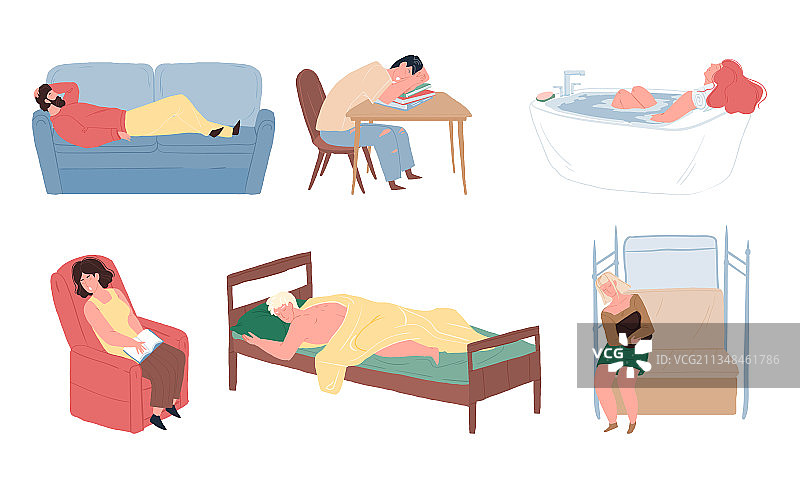 扁平的卡通人物睡在不同的图片素材