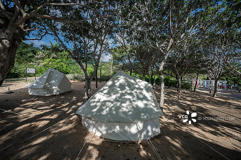 热带丛林帐篷营地、白色帐篷、图片素材
