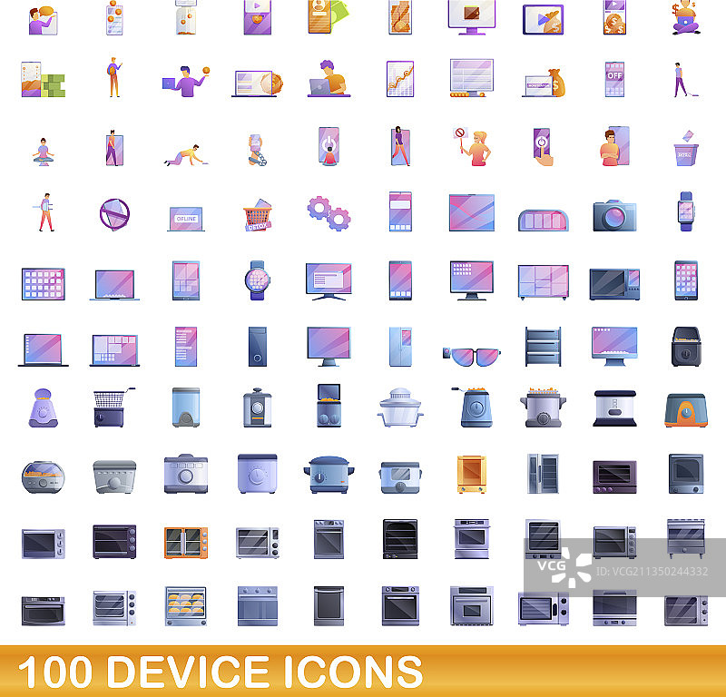 100个设备图标设置卡通风格图片素材