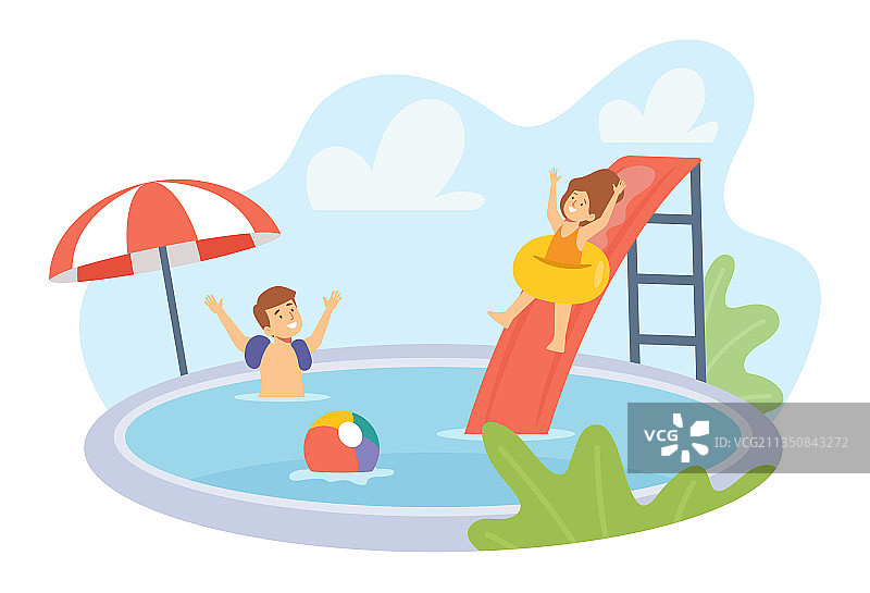 男孩和女孩角色穿着泳装玩耍图片素材
