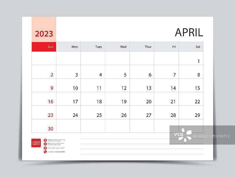 2023年每月日历模板- 4月图片素材