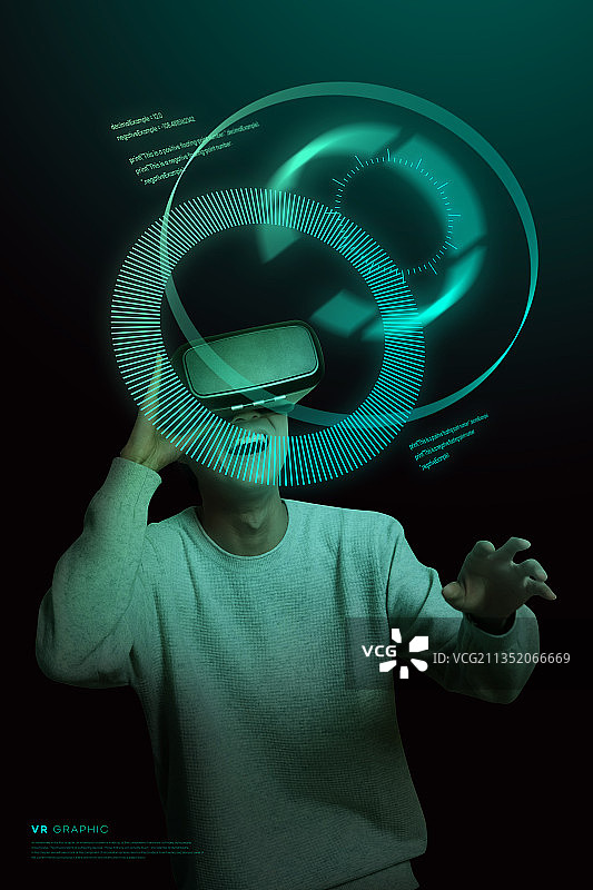 人戴VR小玩意，霓虹灯黑暗图形在虚拟现实的概念图片素材