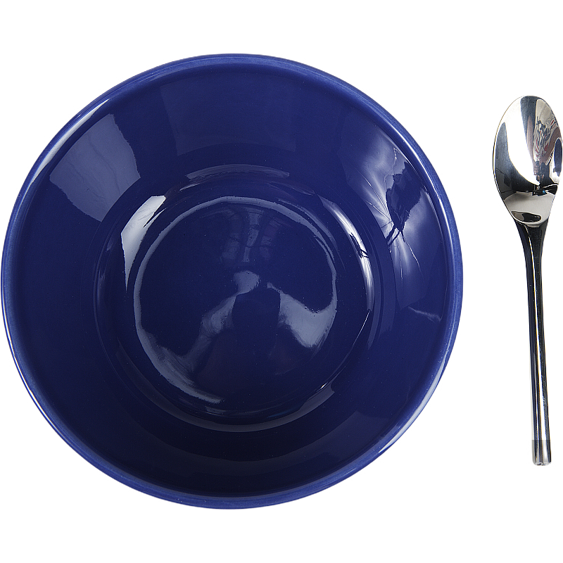 蓝色的碗和勺子俯视图图片素材
