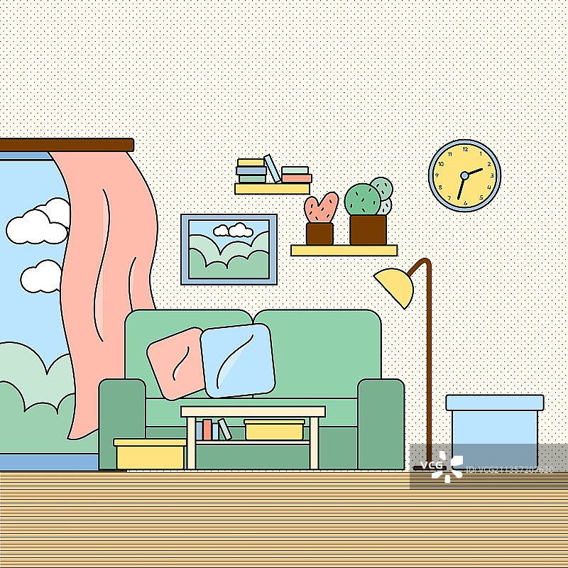 插画矢量图 家居客厅 沙发窗帘茶几 现代简约 扁平风 清新图片素材