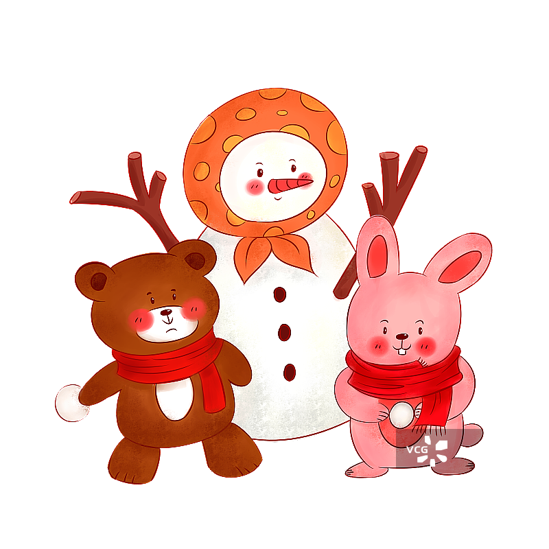 立冬大雪冬天雪人棕熊和粉兔插画图片素材
