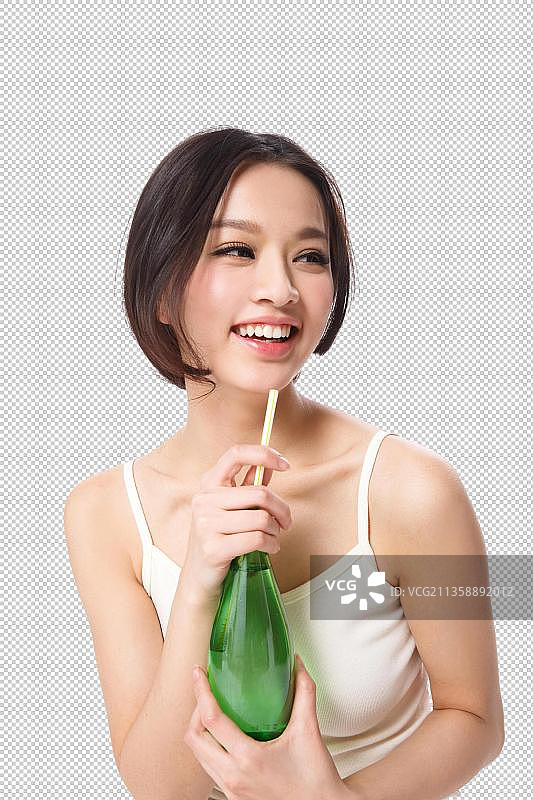 东方青年女人正在喝饮料图片素材