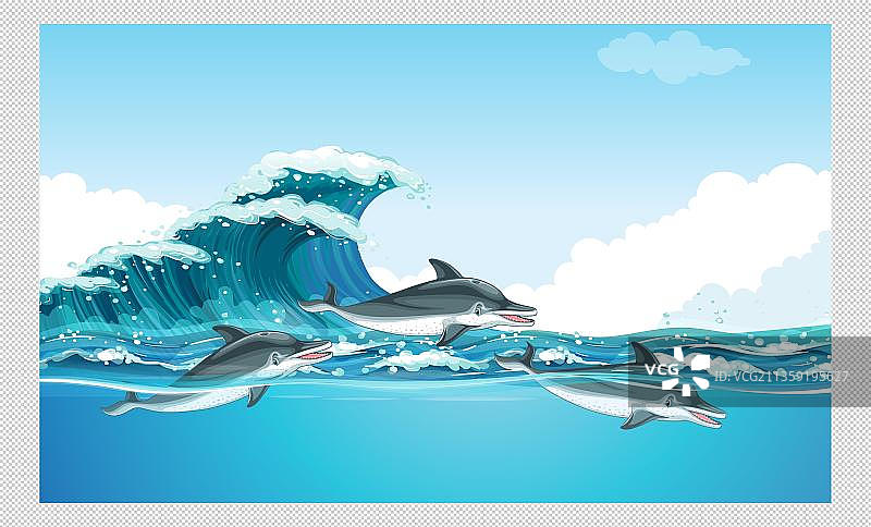 和浪花嬉戏的海豚图片素材