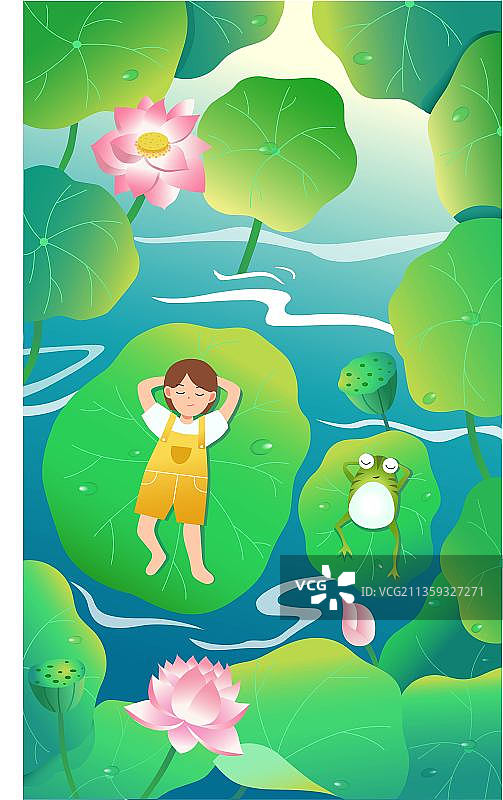 节气荷塘女孩和青蛙矢量插画海报图片素材