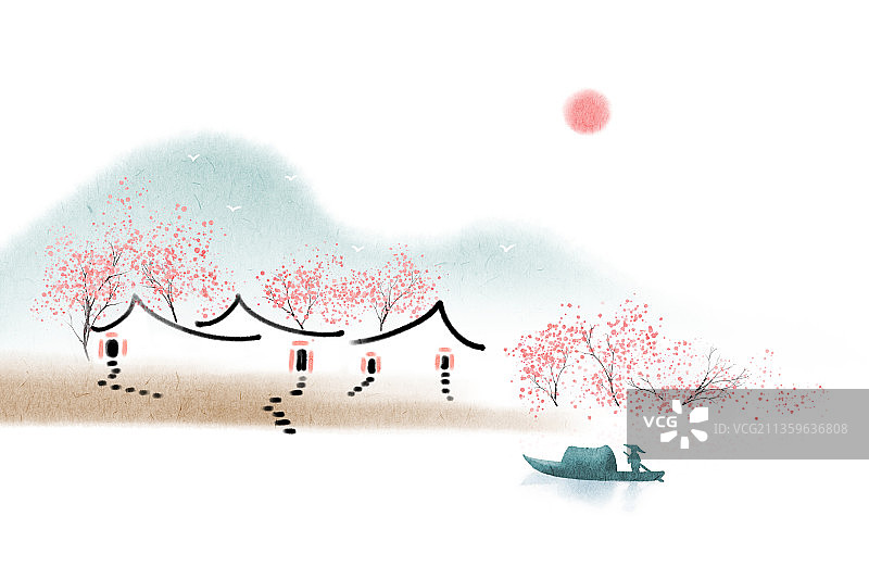 江南水乡春季风景插画图片素材
