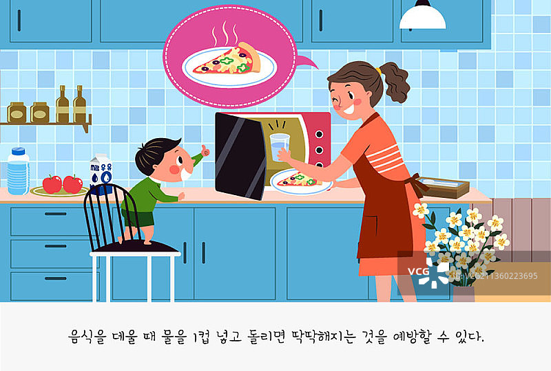 矢量的母亲把披萨放进微波炉为儿子在厨房图片素材