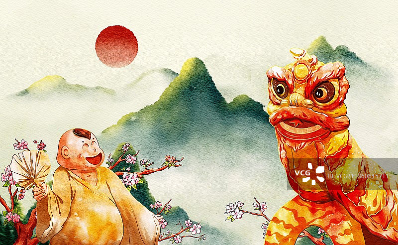 春天节日舞狮水彩插画图片素材