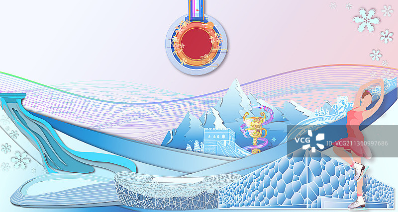 女子花样滑冰和北京滑雪运动建筑群剪纸风插画图片素材