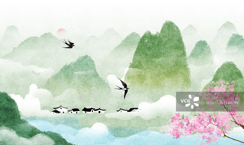 中式春天的风景插画图片素材