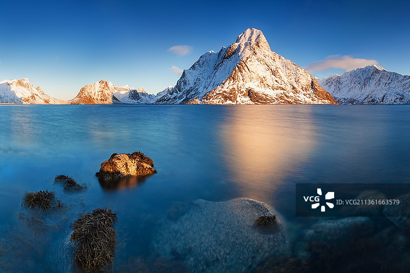 罗浮敦群岛，蓝天映衬下的湖泊和山脉景色图片素材