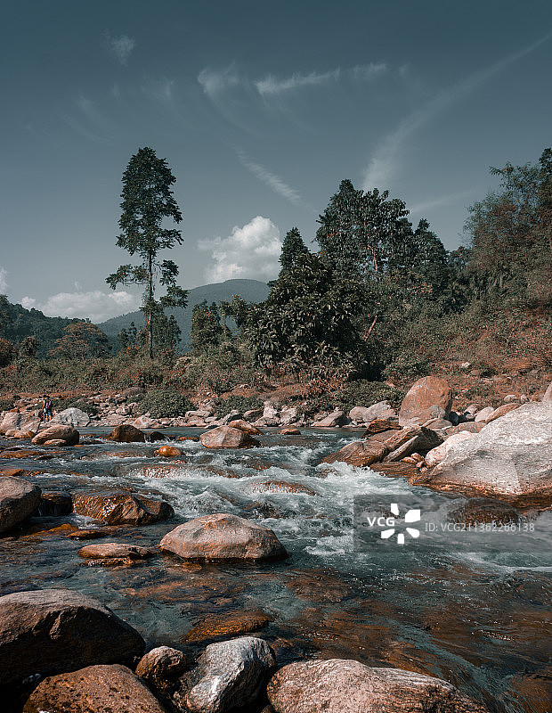 印度，杜阿尔斯的穆尔蒂河，河流在树木与天空的映衬下的风景图片素材