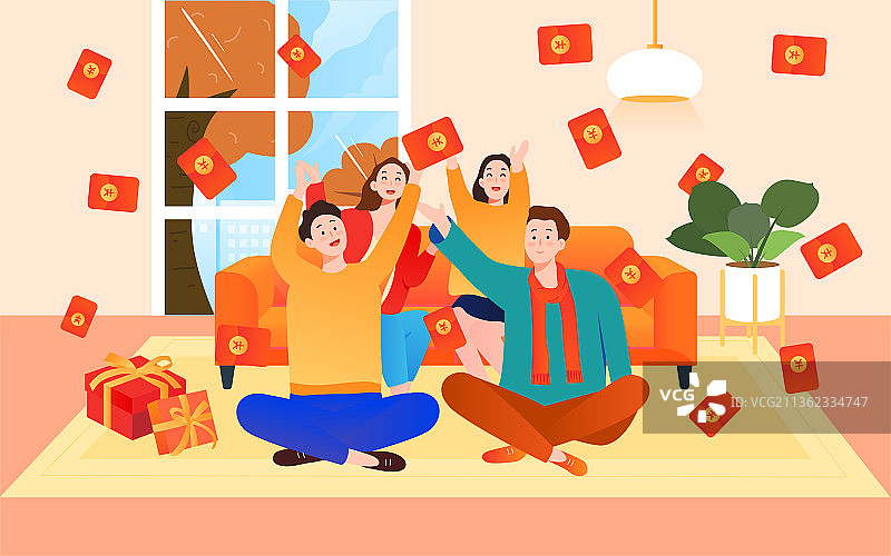 春节家人抢红包矢量插画图片素材