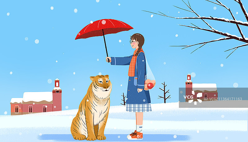 扁平插画冬季的室外一个女孩和老虎图片素材