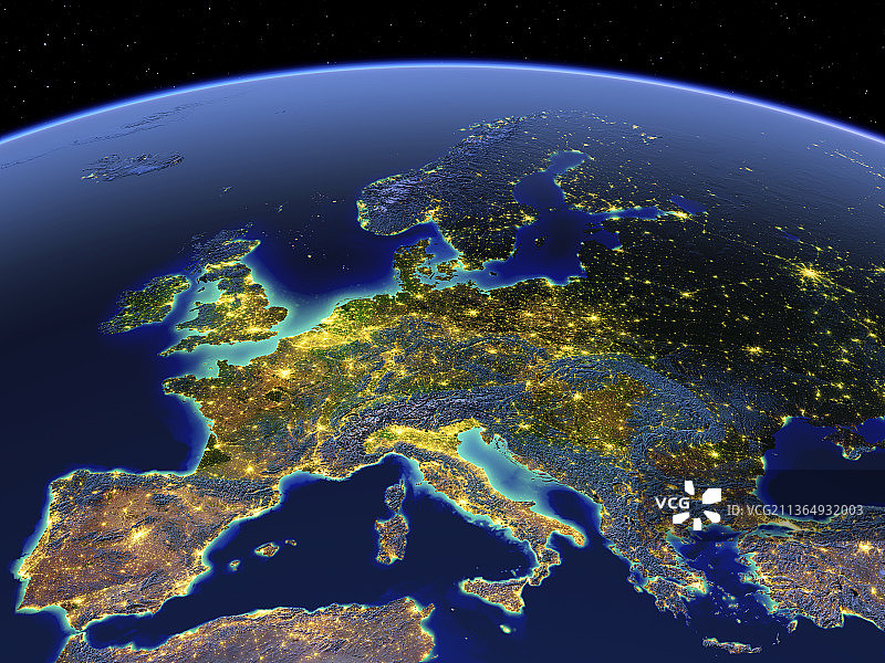 西欧，地球上的夜光与地形起伏图片素材